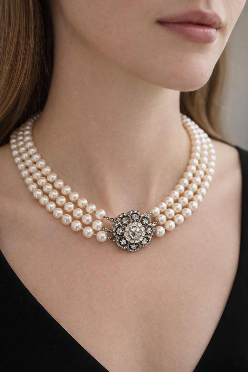 Antieke driestrengs Zuidzee-parelketting met roosdiamanten slot, ca. 1850–1875 Art.KJ-375