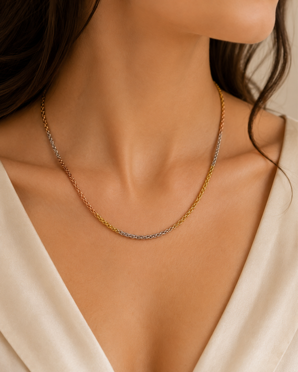 Driekleurig gouden collier met gevlochten Byzantijnse schakel – 14 karaat goud Art.KJ-884