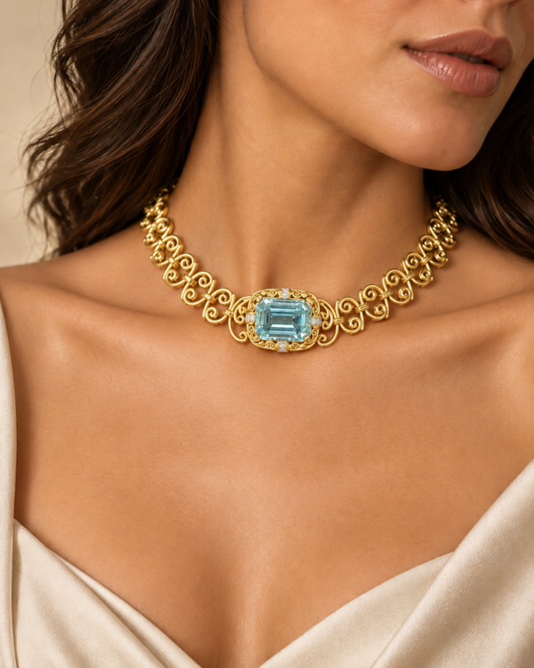 Antiek 18 karaat gouden collier met monumentale natuurlijke aquamarijn – Duitsland ca. 1930