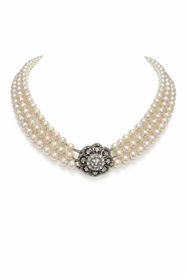 Antieke driestrengs Zuidzee-parelketting met roosdiamanten slot, ca. 1850–1875 Art.KJ-375
