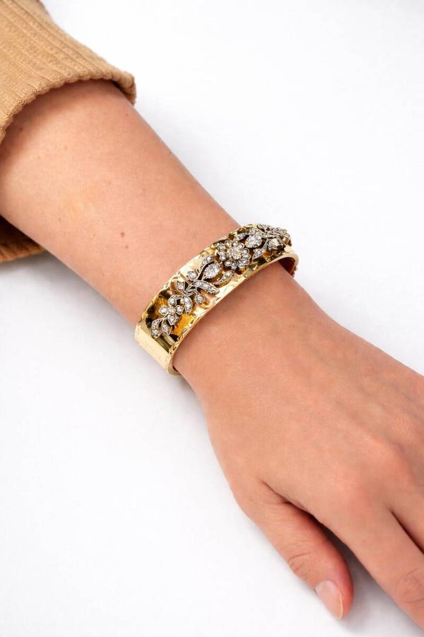 Antieke gouden slavenarmband met zilveren appliqué en Amsterdamse roosdiamanten Art.KJ-816
