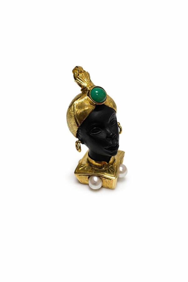 Blackamoor broche/hanger in ebbenhout, 18 karaat goud, echte parels en turkoois – jaren 20 Art.KJ-97