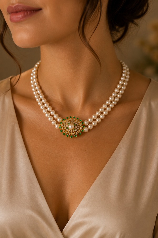 Exclusief collier met natuurlijke parels, diamant en smaragd – 18 karaat goud Art.KJ-877