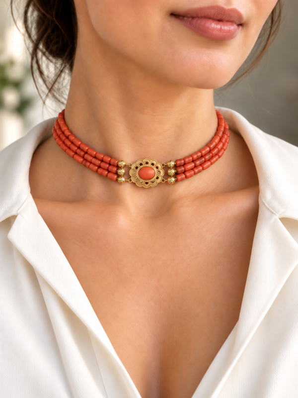 Driestrengs bloedkoralen ketting met 14 karaat gouden sluiting Art.KJ-1013