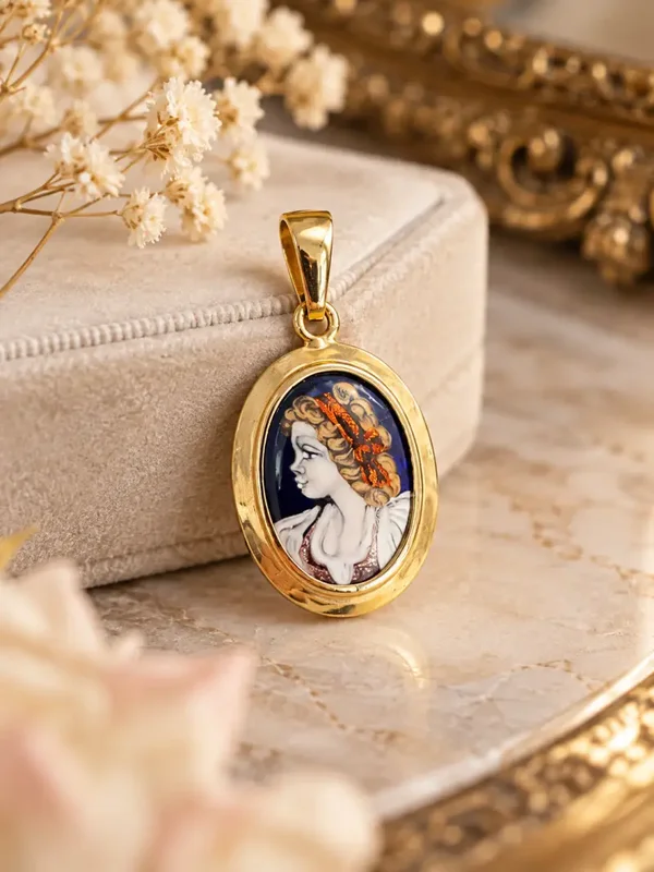 Vintage 14 karaat gouden Limoges hanger met geëmailleerd portret Art.KJ-947