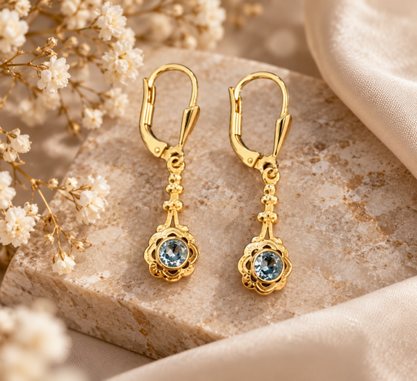 14 Karaat Gouden Oorhangers met Aquamarijn – 31 mm art. KJ-989