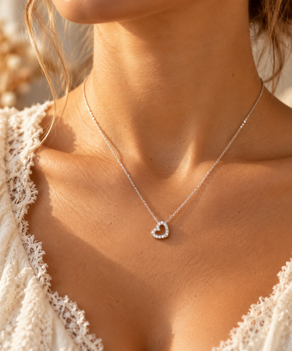 14 Karaat Witgouden Collier met Hartje en Zirkonia – 42 cm art. KJ-1000