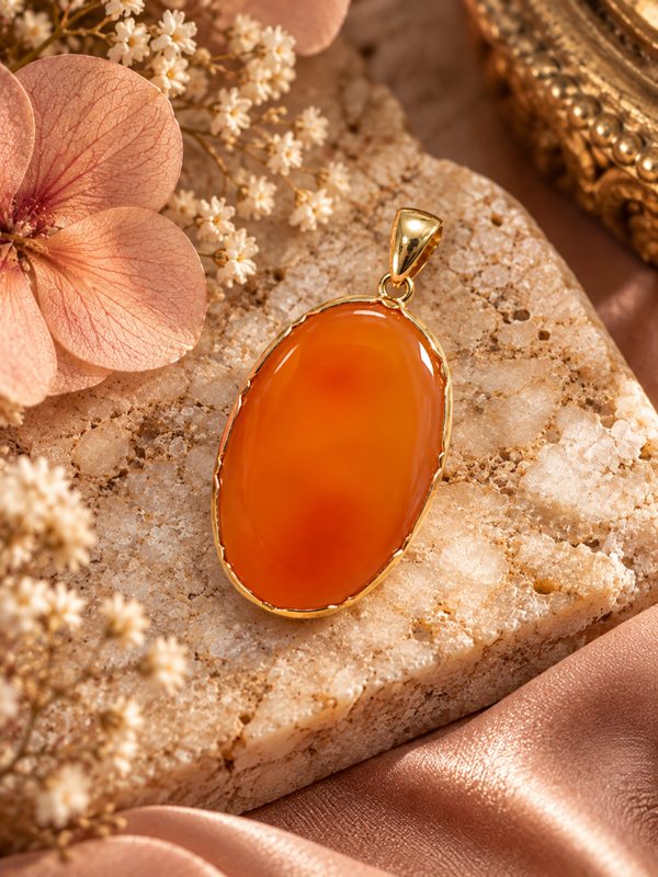 14 Karaat Gouden Hanger met Oranje Chalcedoon – 38 × 25 mm art. KJ-620
