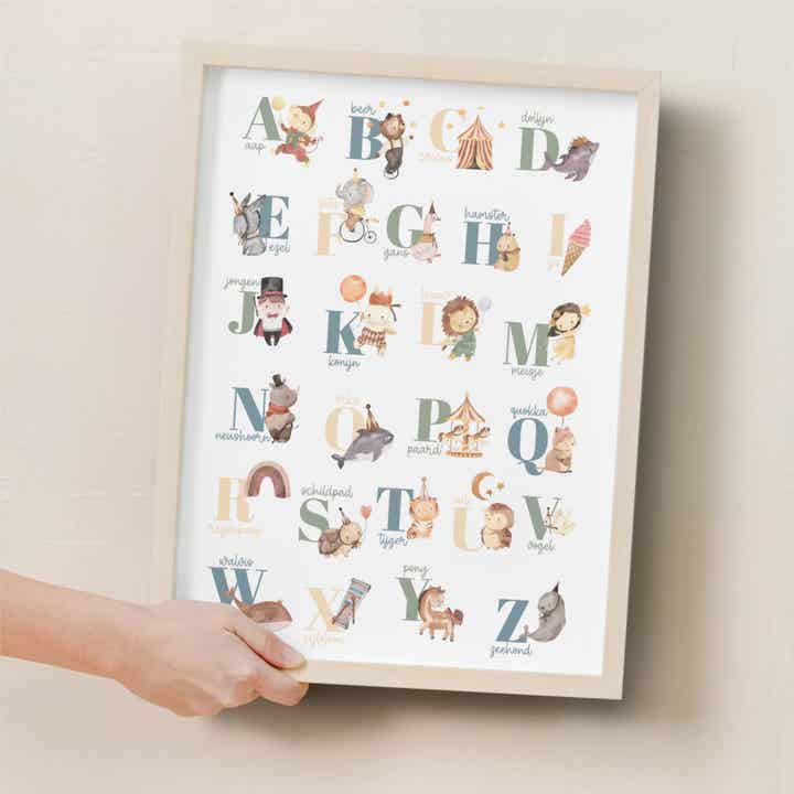 ABC alfabet poster blauw met watercolor dieren A3