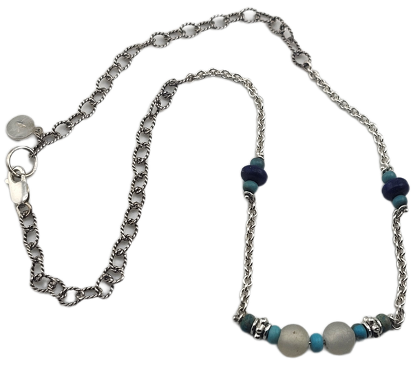 Turquoise & Lapis bead Sterling Silver Chain Necklace
