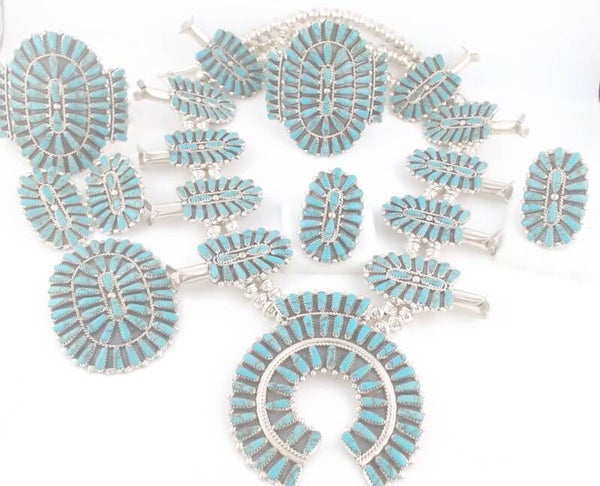 Cerillos Turquoise Sterling Silver Pettie Point Squash Blossom Set