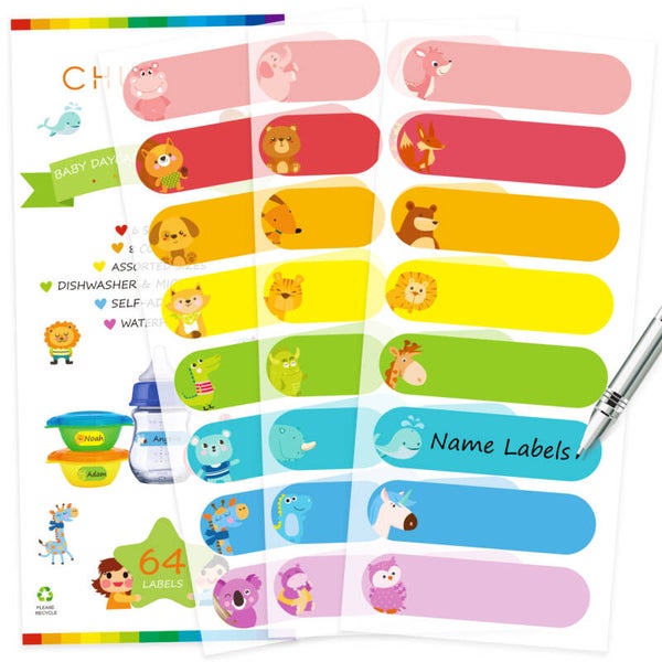 Baby Bottle Labels for Daycare, Self-Laminating, Waterproof Write-On Name Labels, Assorted Sizes & Colors, Pack of 64 (Animal Friends)