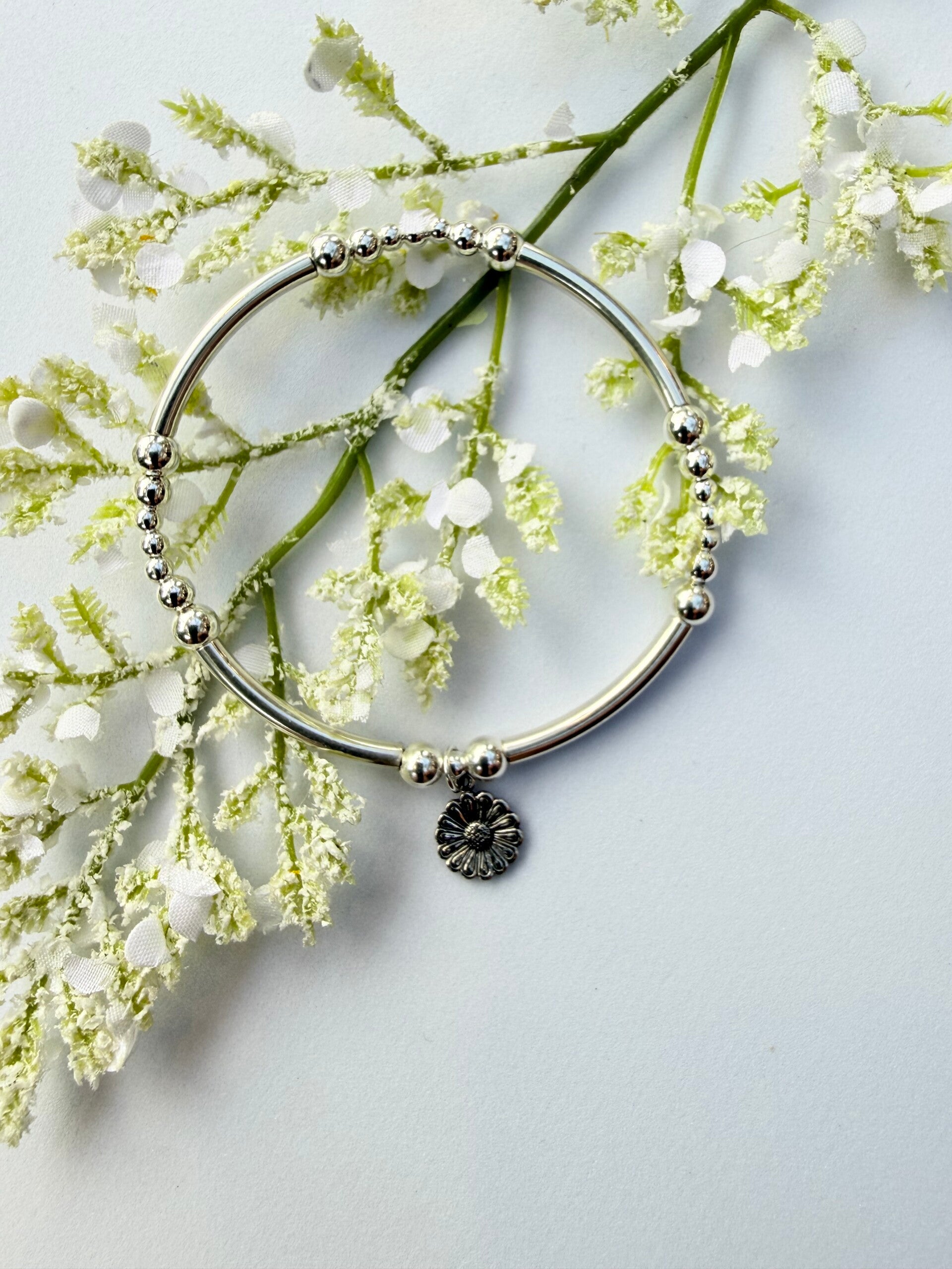 Silver Flower Beaded Bracelet