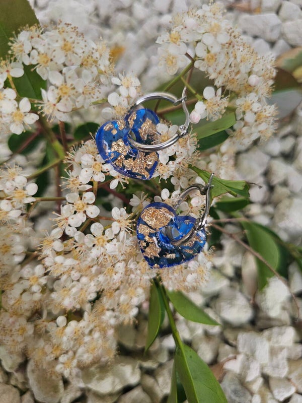 Pampille coeur Bleu et or avec créole argentée