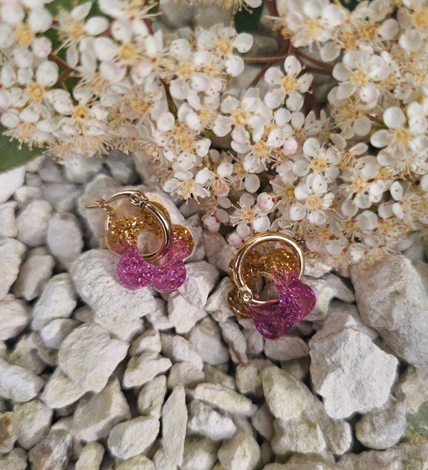 Pampille fleur rose et or et sa créole dorée