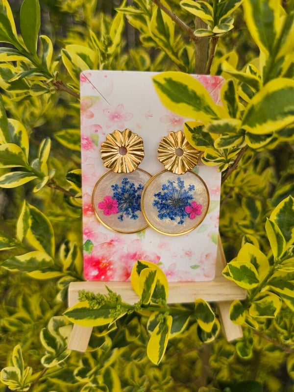 Boucles d'oreilles dorées bleues et roses