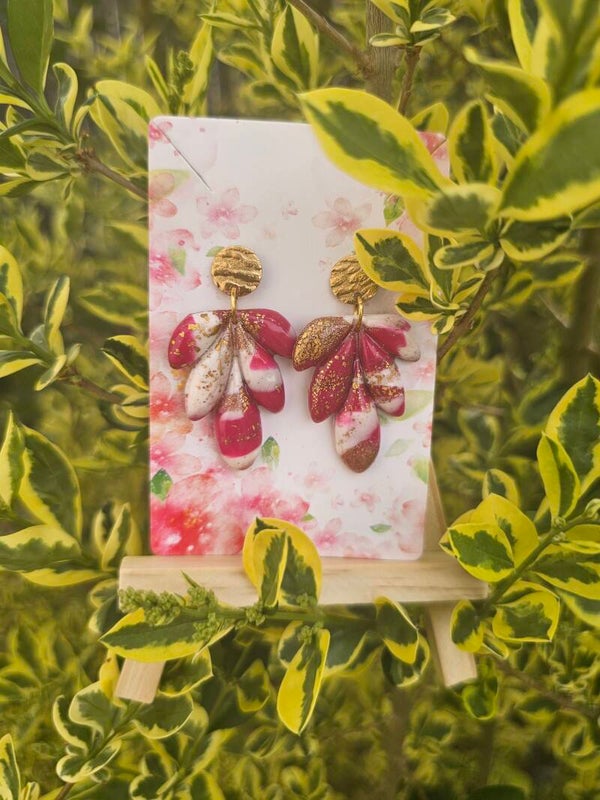 Boucles d'oreilles polymères roses blanches et dorées
