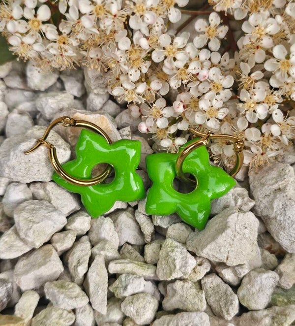 Pampille fleur verte + créoles dorées