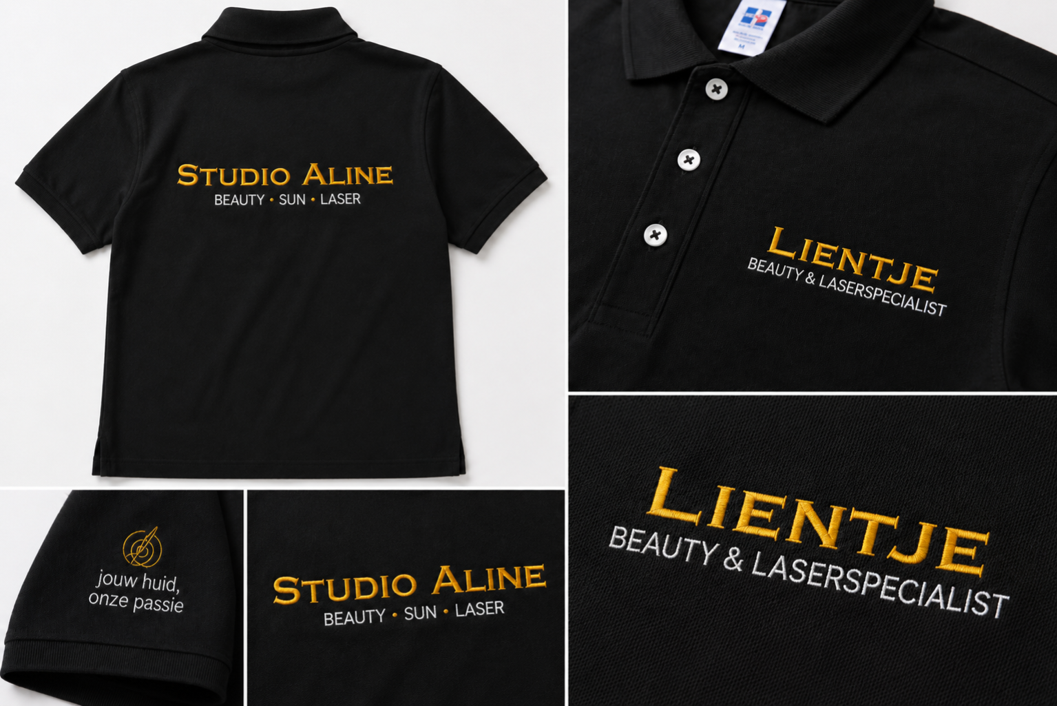 Zwarte bedrijfskleding met goudkleurige logo's van Studio Aline en Lientje Beauty & Laserspecialist.