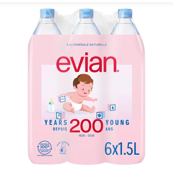 Evian eau plate 3 packs disponibles 6x1.5L / 6x1L / 24x0.5L