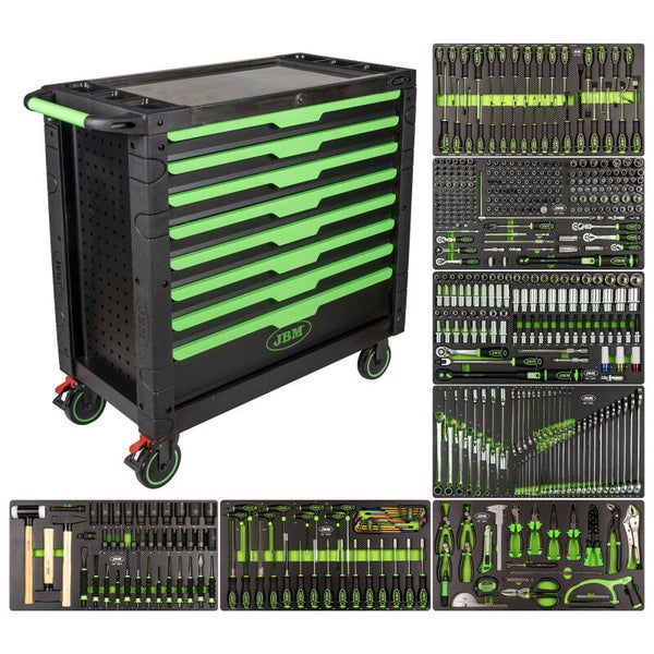 Servante à outils JBM XL 8 tiroirs équipée 468 pièces – Verte | Réf. 54688