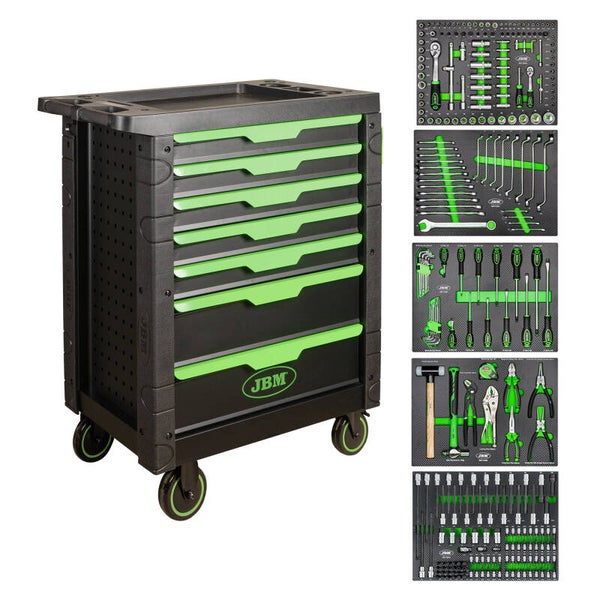 Servante à outils JBM SERIE489 7 tiroirs équipée 276 pièces – Verte
