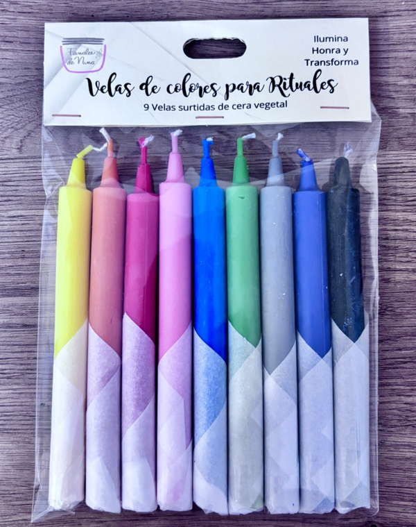 Velas de Colores para Rituales | Pack de 9 Velas de Cera Vegetal