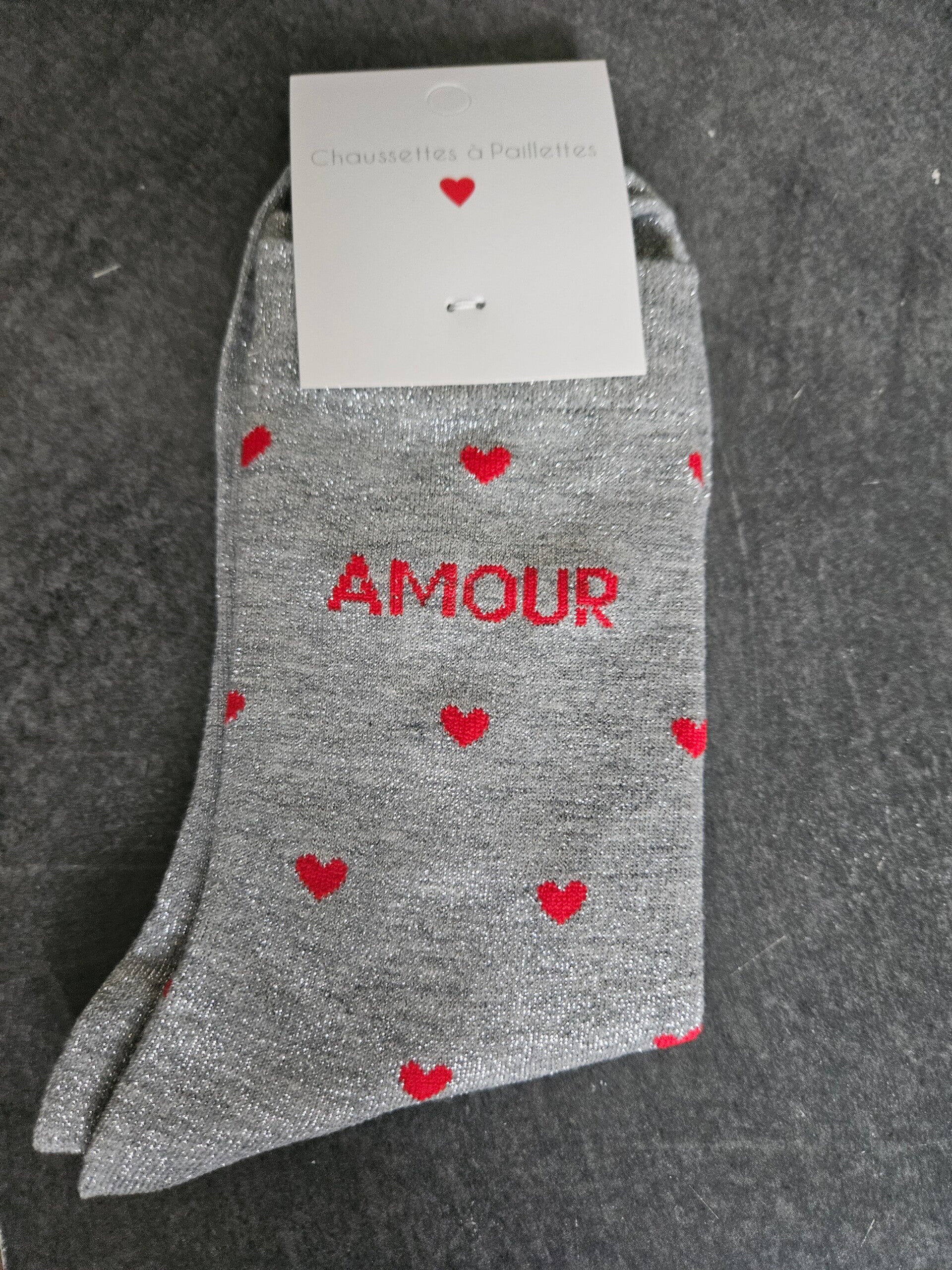 CHAUSSETTE PAILLETTES AMOUR GRIS FONCE