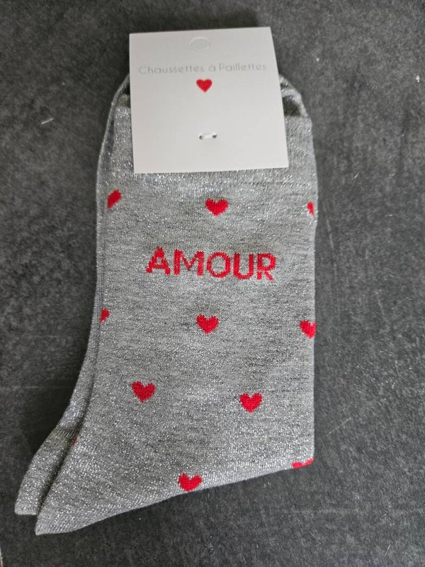 CHAUSSETTE PAILLETTES AMOUR GRIS FONCE