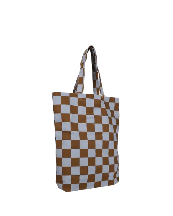 Katoenen tas - bruin / blauw checkerboard