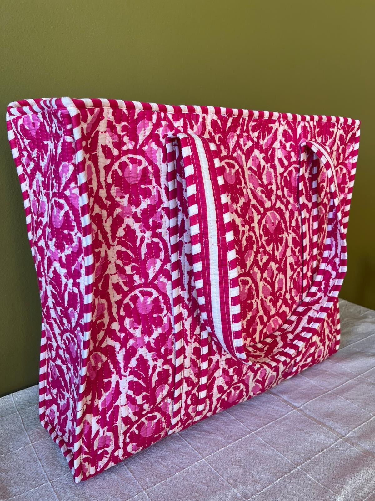 Shopper katoen India - fuchsia / lichtroze / creme