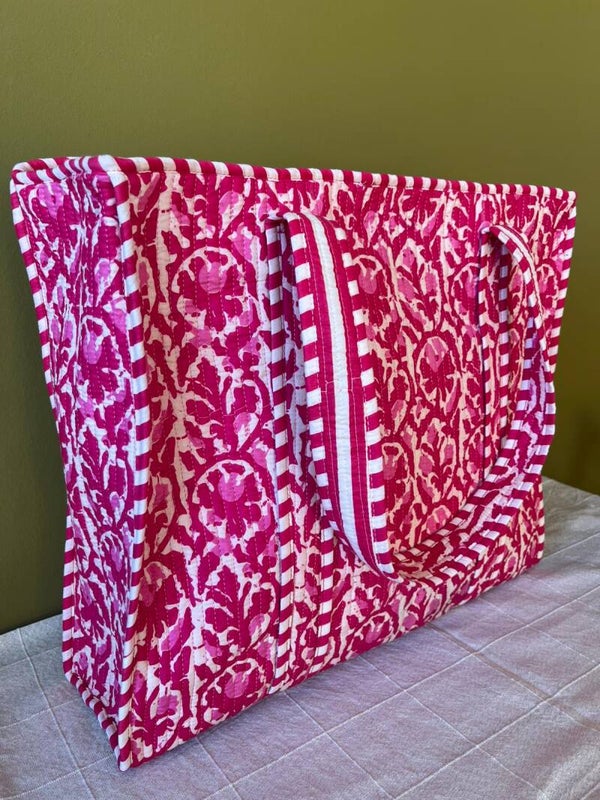 Shopper katoen India - fuchsia / lichtroze / creme