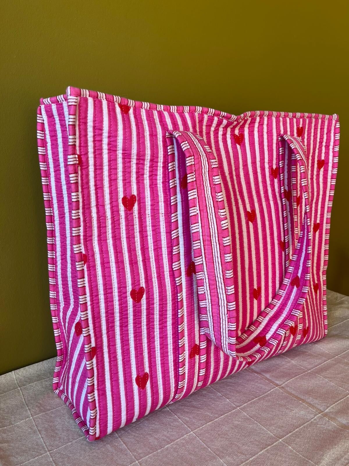 Shopper katoen India - roze / wit