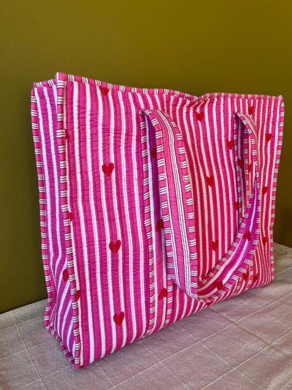 Shopper katoen India - roze / wit