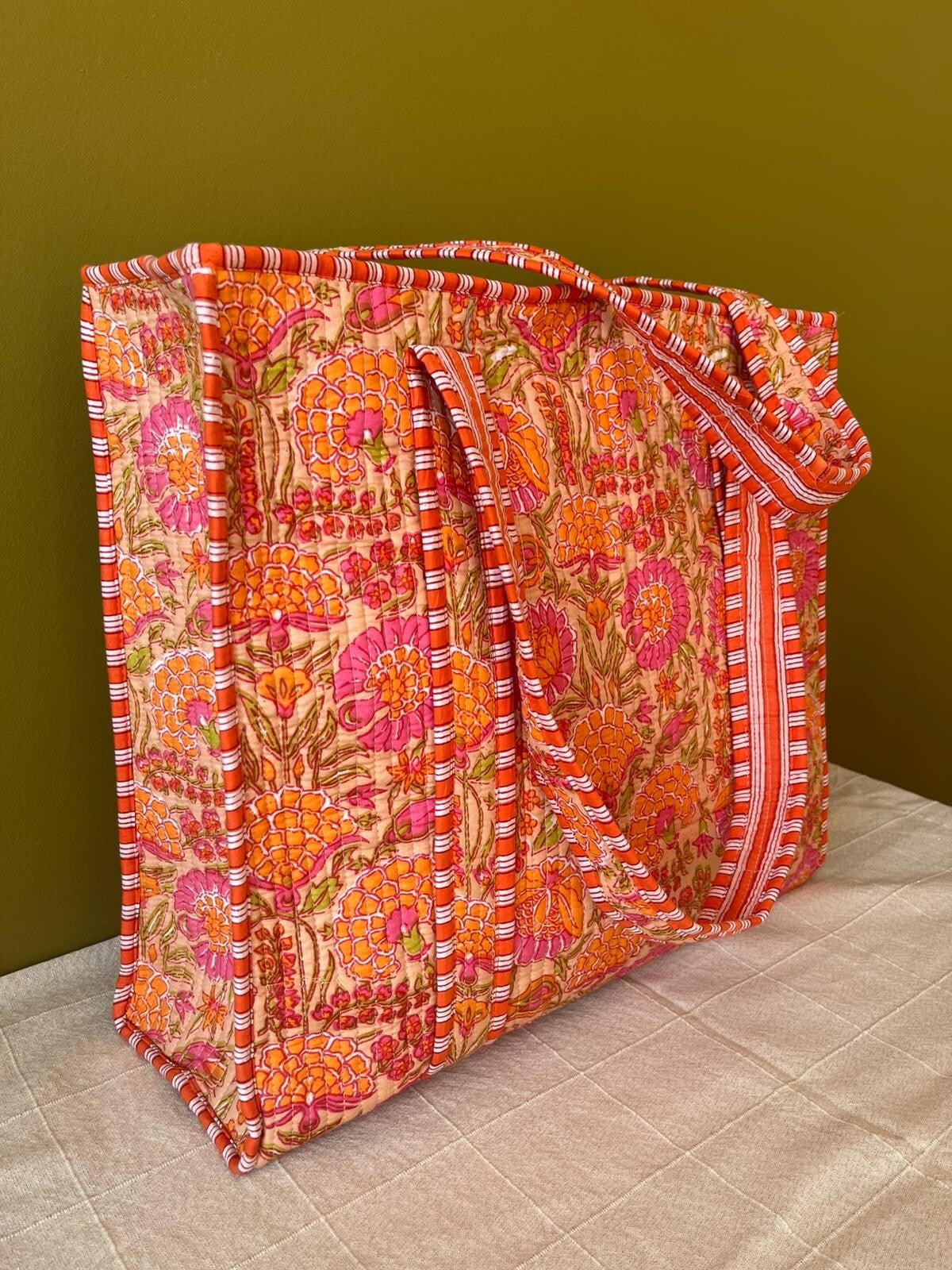 Shopper katoen India - oranje / koraal / roze