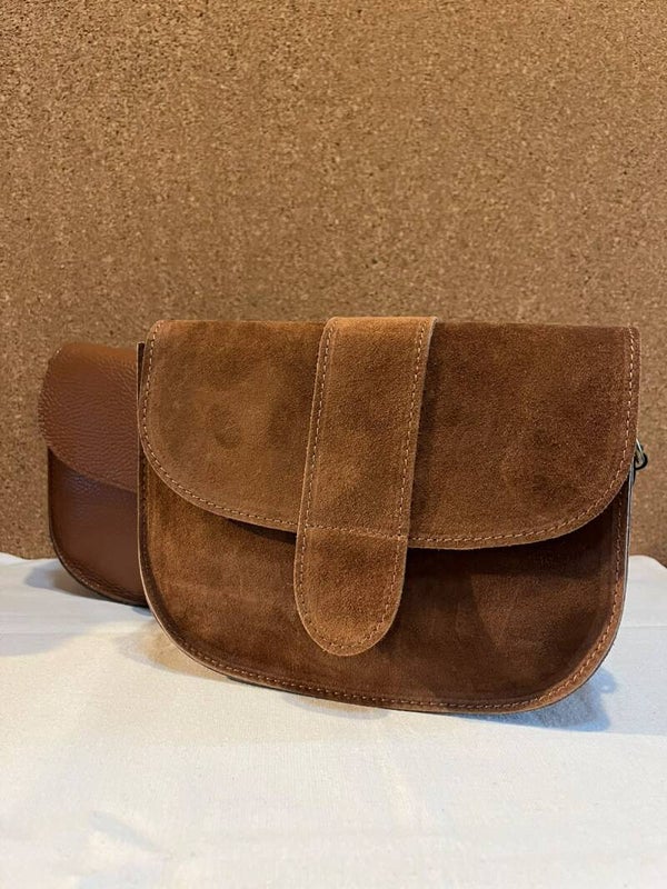Lederen suede schoudertas - cognac