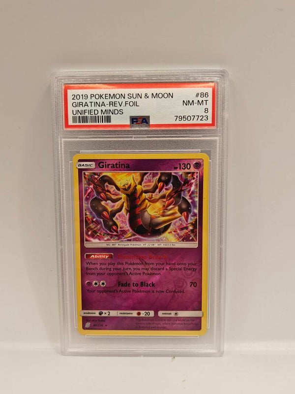 2019 pokemon sun & moon giratina rev.foil unified minds PSA 8