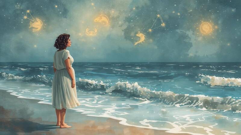 AI gegenereerd; vrouw op het strand kijkt uit over de zee. in de lucht bevinden zich astrologische afbeeldingen.