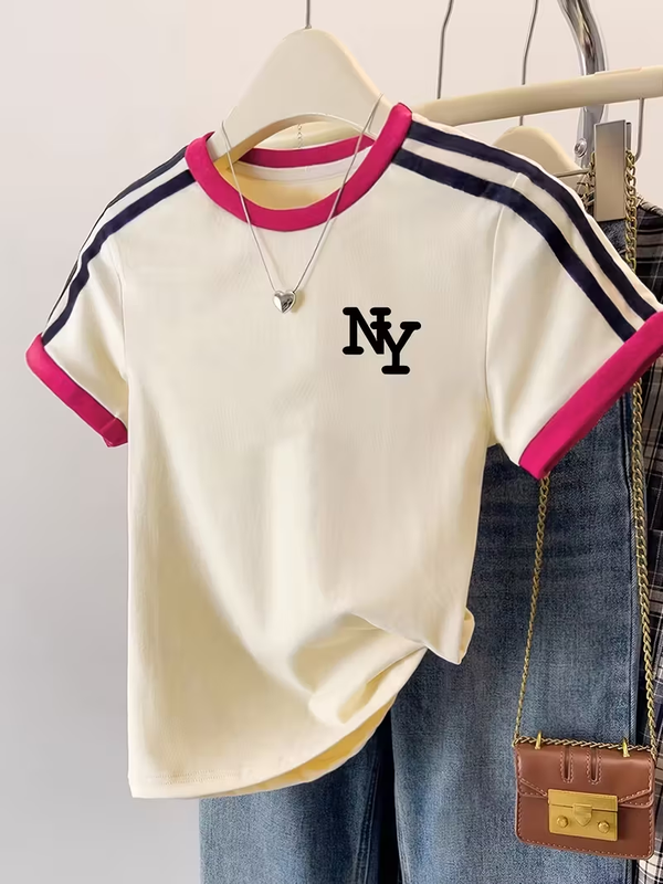 Women's Casual T-Shirt - & Pink Color Block Tee