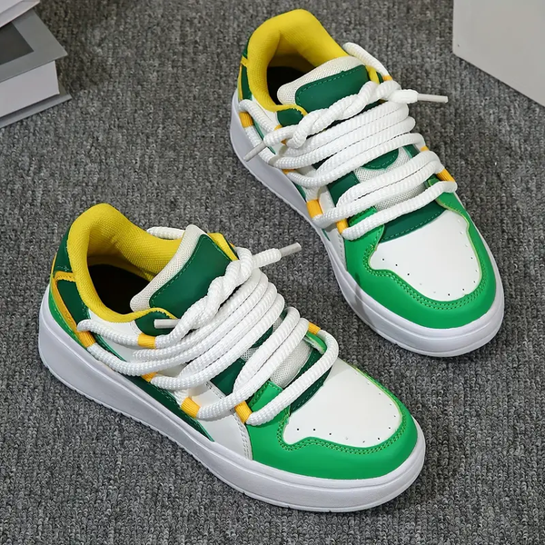 Women's Chunky Green Sneakers - Casual Lace-Up Low