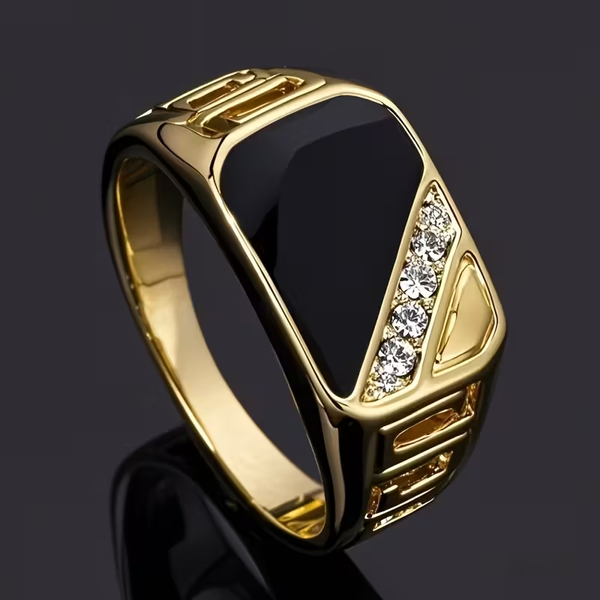 1pc Elegant Golden-Plated Ring with Black Rectangular Faux & Accents