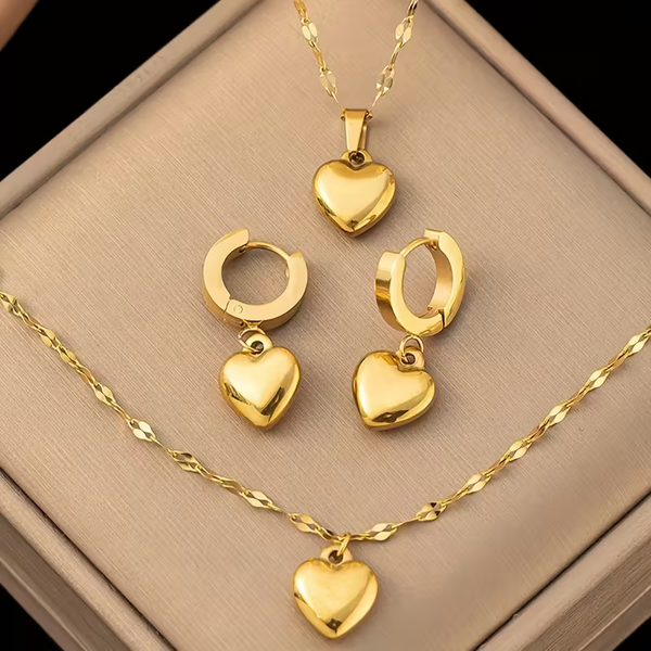 Stainless Steel Metal Heart Necklace Bracelet Earring Set for Women