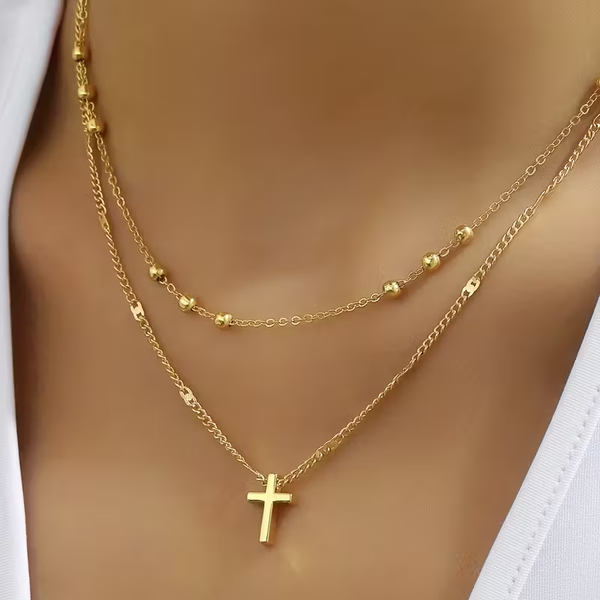 Vintage Cross Pendant Beads Chain Clavicle Chain Double Layer Necklace Ladies