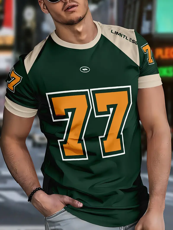 Men's 3D Digital Print Short Sleeve T-Shirt with Bold '77'