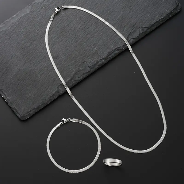 3pcs Minimalist Stainless Steel Ring Snake Chain Bracelet Necklace Set for Men