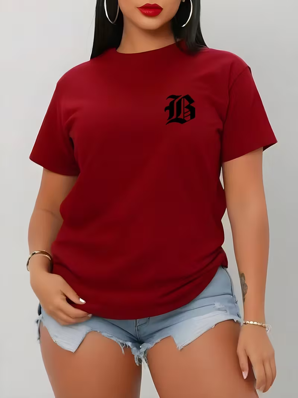 Women's Casual Red Short Sleeve T-Shirt with Stylish Letter "B"
