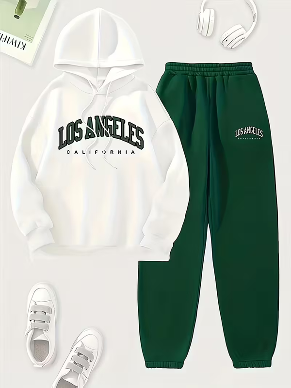 Women'S Letter Printed Hooded Sweatshirt And Pants Set With Drawstring