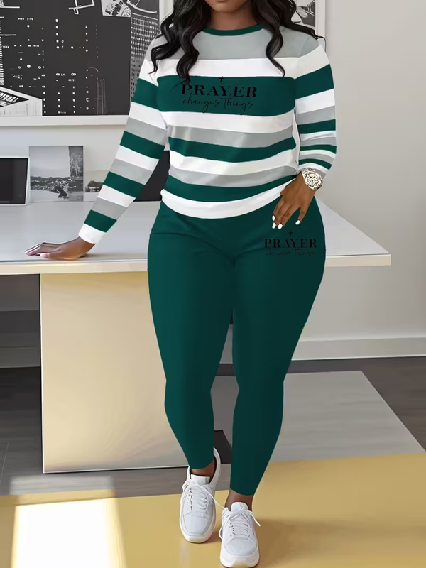 Striped Relax Fit Set with Letter Print - Women's Pants and Top - Fall/Winter Collection