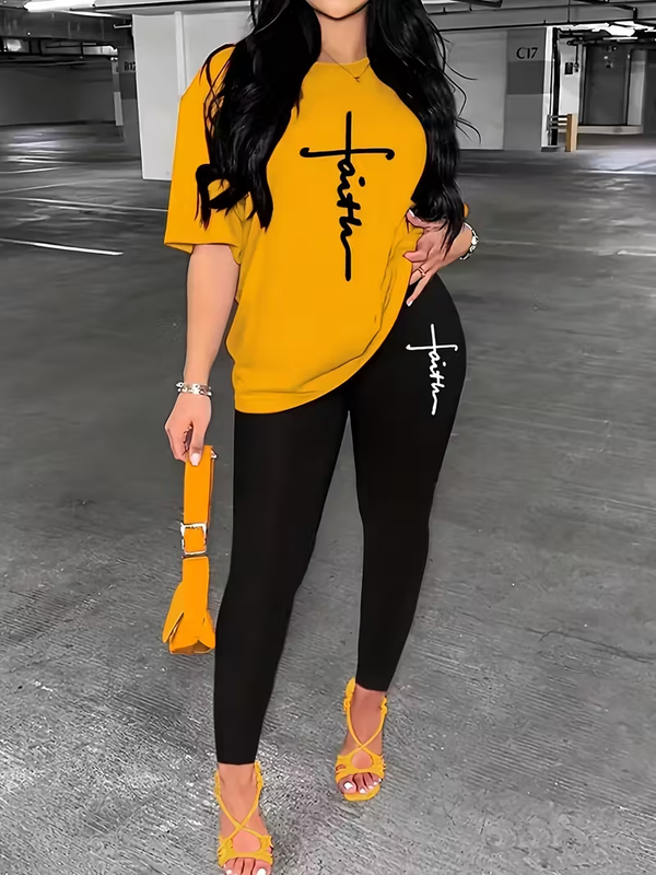 Casual Faith Print Pantsuits, Short Sleeve T-shirt & Skinny Leggings Outfits