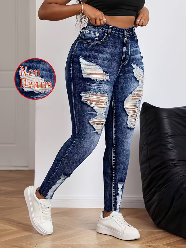 Ladies' Stylish And Elegant High-Waisted Butt-Lifting  Denim Ripped Print Long Pants